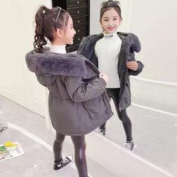 Пальто из плюша и хлопка для девочек, осенне-зимнее, стильное пальто средней длины из хлопка 120cm серый