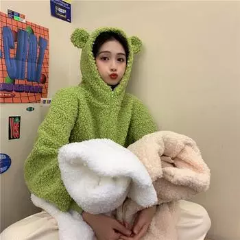 Пальто из плюша ягненка, осенняя и зимняя одежда, милый свитер с медвежьими ушками, женский свободный кардиган с капюшоном, теплый утолщенный топ M хаки