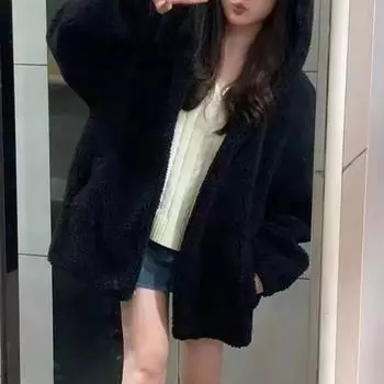 Пальто из ягненка, зимнее черное плюшевое пальто, толстое пальто с капюшоном, кардиган для женщин L чёрный