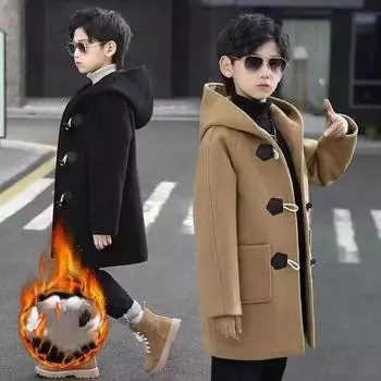 Пальто из шерсти для мальчиков, зимняя модная куртка с капюшоном, однобортная, плюс хлопок, теплая верхняя одежда, детская парка высокого качества 180 чёрный