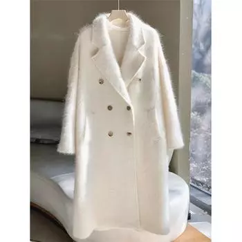 Пальто из шерсти кашемира с начесом, женский силуэт, двубортное белое свободное пальто средней и длинной длины S темно серый