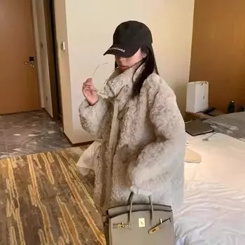 Пальто из шерсти ягненка с мехом, женское зимнее, новое меховое пальто средней и длинной длины, свободное бархатное утолщенное пальто из хлопка S абрикосовый