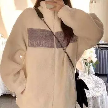 Пальто из шерсти ягненка в стиле школьницы, новый бархатный универсальный свободный полуводолазный топ M абрикосовый