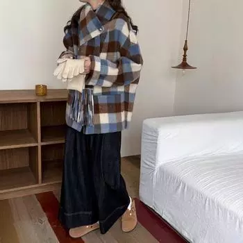 Пальто из шерсти в клетку Puyuan для женщин, осень-зима 2024, новое пальто из шерстяного двухстороннего твида с воротником-шарфом для женщин S (90-55kg)