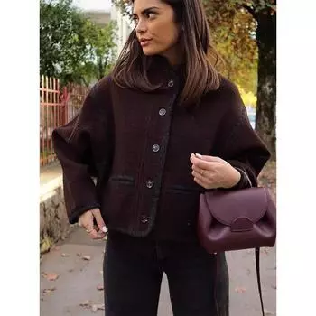 Пальто из шерстяной смеси в стиле ретро с воротником-стойкой, шикарное женское однобортное пальто с длинными рукавами и карманами, новая женская уличная одежда для поездок на работу S коричневый