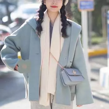 Пальто из синей шерсти в стиле французской Хепберн, иностранный стиль, уменьшающий возраст, свободный маленький топ, нежное теплое пальто S синий