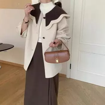 Пальто из сладкой шерсти Puyuan для женщин, старшее чувство 2024 года, осенне-зимнее шерстяное двухстороннее пальто с кукольным воротником S (90~ 60 kg) грязно-белый