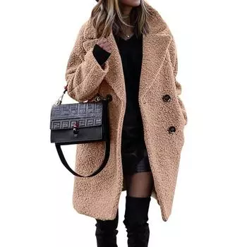 Пальто из смеси шерсти, женское, из искусственного флиса, мохнатое, однотонное, повседневное, уличная одежда 2024 года, модное однобортное плюшевое пальто из искусственного флиса S