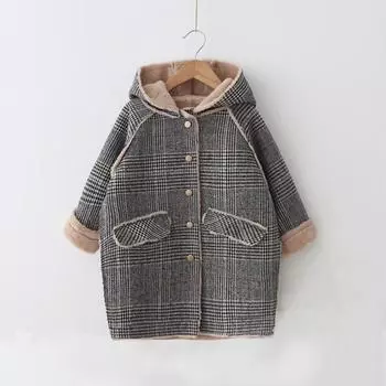 Пальто из твида для девочек, осенне-зимняя женская куртка с капюшоном в клетку, утепленное и утепленное детское пальто 100cm чёрный