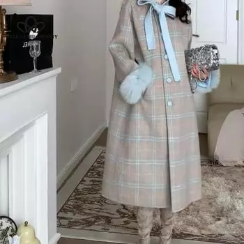 Пальто из твида с галстуком-бабочкой для женщин, осень и зима, новый свободный ретро-твидовый пиджак, повседневное длинное пальто, женское пальто S