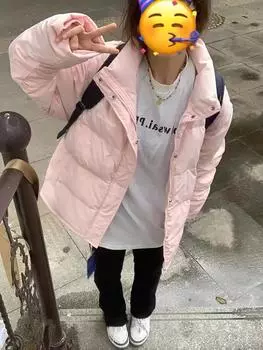 Пальто из утолщенного хлопка розового цвета с воротником-стойкой, женское зимнее, новое, корейская версия, модный бренд, свободное и универсальное, с надписью, с хлопковой подкладкой S розовый