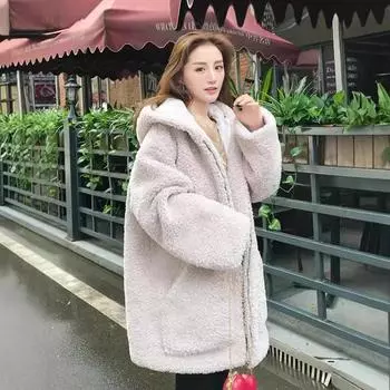 Пальто из зернистой шерсти ягненка, зимнее утолщенное женское с капюшоном на молнии, среднее и длинное плюшевое пальто S