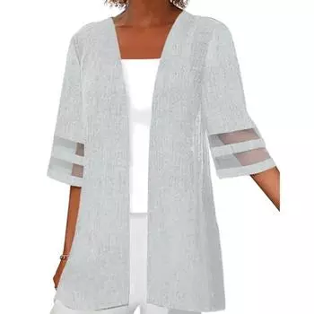 Пальто летнее свободное кардиган богемное сетчатое лоскутное женское тонкое повседневное кружевное винтажное пальто с коротким рукавом и открытой вышивкой средней длины 2XL белый