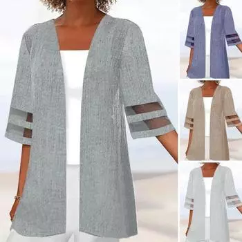 Пальто летнее свободное кардиган богемное сетчатое лоскутное женское тонкое повседневное кружевное винтажное пальто с коротким рукавом и открытой вышивкой средней длины 2XL темно-синий