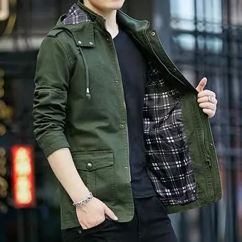 Пальто мужское осенне-зимнее пальто большого размера из хлопка корейской версии средней и длинной универсальной мужской куртки с капюшоном M хаки