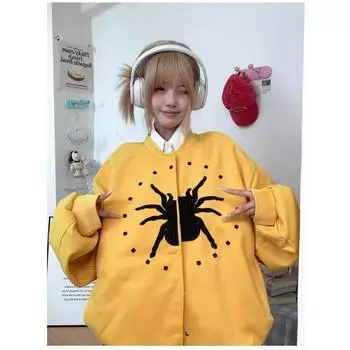 Пальто на пуговицах с вышивкой в стиле паука в стиле готики-панка, осенняя бейсбольная куртка, свободная верхняя одежда в стиле харадзюку Y2K, бомбер для женщин и мужчин M чёрный