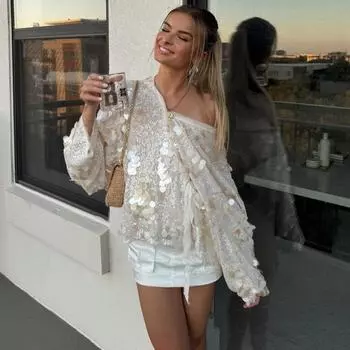 Пальто на шнуровке с пайетками, женское модное блестящее асимметричное пальто с V-образным вырезом и длинным рукавом, женская осенняя свободная куртка для клуба 2024 года S белый