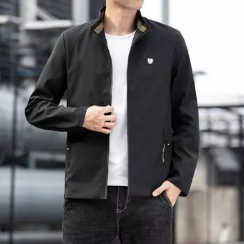 Пальто на весну и осень с воротником-стойкой, полосатая куртка, повседневная, свободная, для молодежи и среднего возраста, однотонная куртка с значком, куртка M чёрный