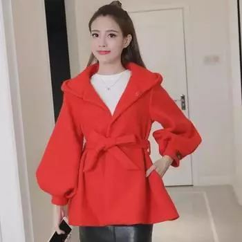 Пальто-накидка из красной шерсти в корейском стиле с капюшоном и завязкой, рукава-фонарики, модный короткий дизайн для миниатюрных женщин L красный