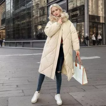 Пальто новое среднее и длинное пальто на хлопковой подкладке свободное большого размера ромбовидное утолщенное длинное выше колена большой меховой воротник капюшон на хлопковой подкладке куртка M чёрный