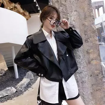 Пальто новое женское весна осень весна универсальный корейский стиль свободная куртка из искусственной кожи короткий мотоциклетный топ с длинным рукавом S