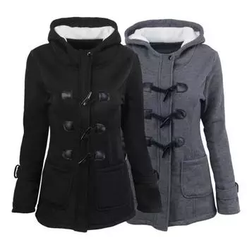 Пальто осень-зима с боковыми карманами, однотонное, с капюшоном, застежка на роговые пуговицы, длинное M темно-серого