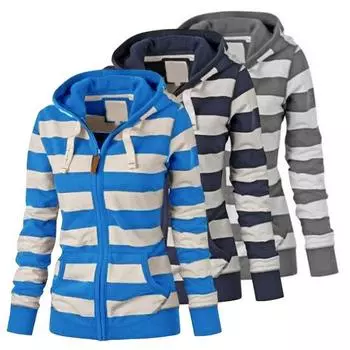 Пальто осень-зима с контрастным полосатым принтом, капюшоном, застежкой-молнией, длинными рукавами, эластичной резинкой M серый