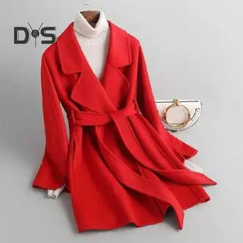 Пальто Осень-Зима с лацканами и длинным рукавом Толстый теплый кардиган на шнуровке с поясом Slim Fit средней длины OL Стиль для поездок на работу Сплошной цвет Леди Зимнее пальто M чёрный