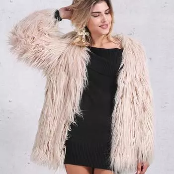 Пальто осенне-зимнее из искусственного меха женское короткое с длинными рукавами и длинным ворсом 2XL белый