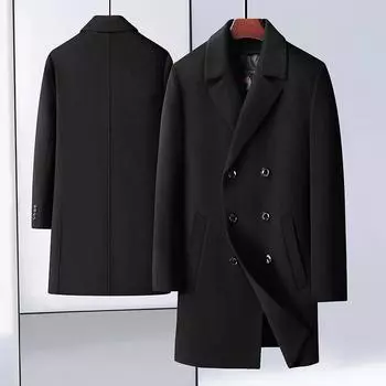 Пальто осенне-зимнее, среднее и длинное, двубортное, с подкладкой из гусиного пуха, которое можно снять, утолщенное, теплое, двухстороннее шерстяное пальто 170 чёрный