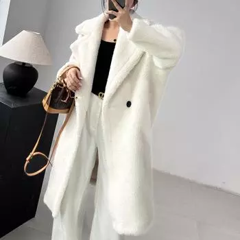 Пальто Пальто Меховой Силуэт Альпака Зимнее Длинное Пальто Классического Силуэта для Женщин One size