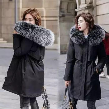 Пальто-парка большого размера для женщин Пальто из хлопка с большим меховым воротником, плюс бархатная талия Теплое пальто из хлопка для женщин S хаки