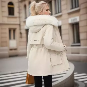 Пальто Parkers с капюшоном и воротником, пальто из овечьей шерсти и хлопка на молнии, средней длины, теплое и пушистое пальто для зимнего сезона с хлопковой курткой M чёрный