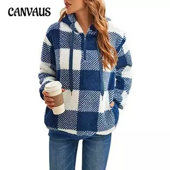 Пальто плюшевое осенне-зимнее с длинными рукавами и капюшоном, клетчатая плюшевая женская куртка больших размеров