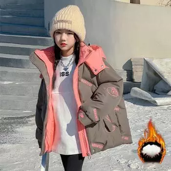 Пальто пуховое для девочек, куртка, ветровка, верхняя одежда, хаки, утолщенное, зимнее, теплое, сноусьюты, рождественский подарок, детская одежда 170