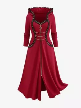 Пальто Rosegal Plus Size Pentagram с капюшоном и кружевной отделкой с люверсами L красный