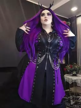 Пальто Rosegal в готическом стиле с капюшоном и шнуровкой, цветные блоки L чёрный