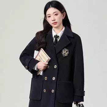 Пальто с большими плечами, куртка женская осенне-зимняя, шерстяной блейзер высокого качества, среднее и длинное студенческое пальто S чёрный