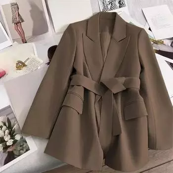 Пальто с длинным рукавом, пиджак с карманом, офисная женская модная верхняя одежда, свободный однотонный элегантный блейзер, осенняя одежда, новые товары, уличная одежда S бежевый