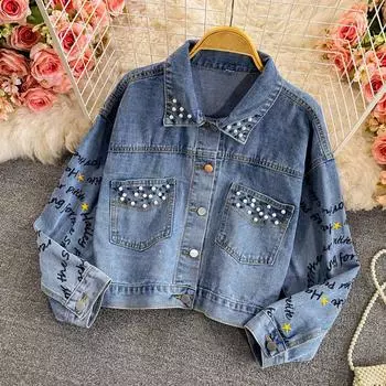 Пальто с длинными рукавами, женская джинсовая куртка, свободная верхняя одежда с отложным воротником, корейские модные женские топы с вышивкой буквами One size синий