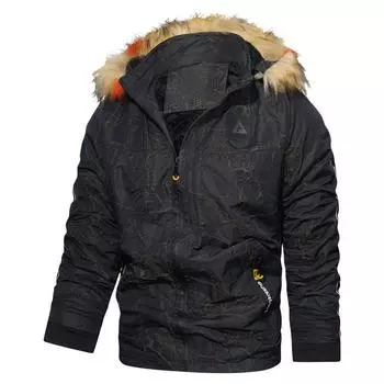 Пальто с хлопковой подкладкой, мужское меховое воротниковое бархатное утепленное пальто, зимнее повседневное с капюшоном, теплая съемная шапка, пальто с хлопковой подкладкой XL чёрный