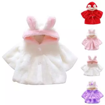 Пальто с капюшоном и кроличьими ушками для девочек, зимнее милое пушистое пальто 100