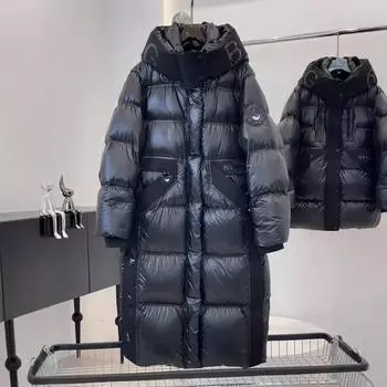 Пальто с капюшоном из белого утиного пуха, женская зимняя блестящая теплая утолщенная длинная стеганая куртка, ветрозащитная верхняя одежда L чёрный