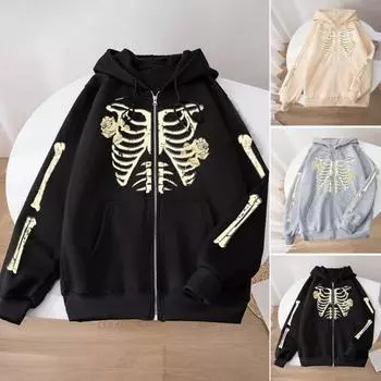 Пальто с капюшоном на молнии с принтом черепа, для женщин и мужчин, с капюшоном и длинным рукавом XL чёрный