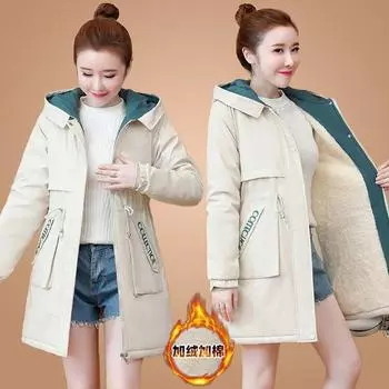 Пальто с капюшоном средней и длинной длины, весна и осень, новое зимнее бархатное утолщенное хлопковое пальто, хлопковое пальто, модный тренд для женщин M [Recommended 90-47.5 kg] синий