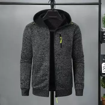 Пальто с капюшоном, стильный мужской кардиган жаккардовой вязки с капюшоном, застежкой-молнией на осень-зиму, с эластичными манжетами, однотонный M темно-серого
