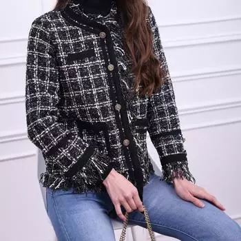 Пальто с кисточками ароматное женское 2024 осень-зима новое толстое клетчатое шерстяное пальто большого размера европейское пальто прилив XS чёрный