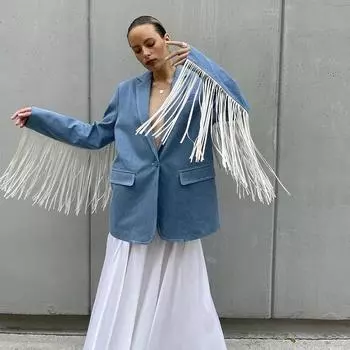 Пальто с кисточками для женщин, синее, с длинным рукавом, отложным воротником и пуговицами, женское пальто, свободный блейзер, повседневная элегантная верхняя одежда, новая мода, осень S синий