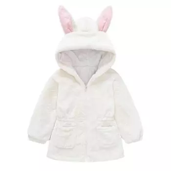 Пальто с кроличьими ушками, симпатичная флисовая куртка из искусственного меха для девочек, детская утолщенная зимняя теплая куртка 90cm белый