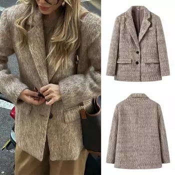 Пальто с лацканами, лохматое, женское, элегантное, с длинным рукавом, на пуговицах, офисный женский пиджак 2024 года, зимняя мода, свободная куртка-пуловер S хаки